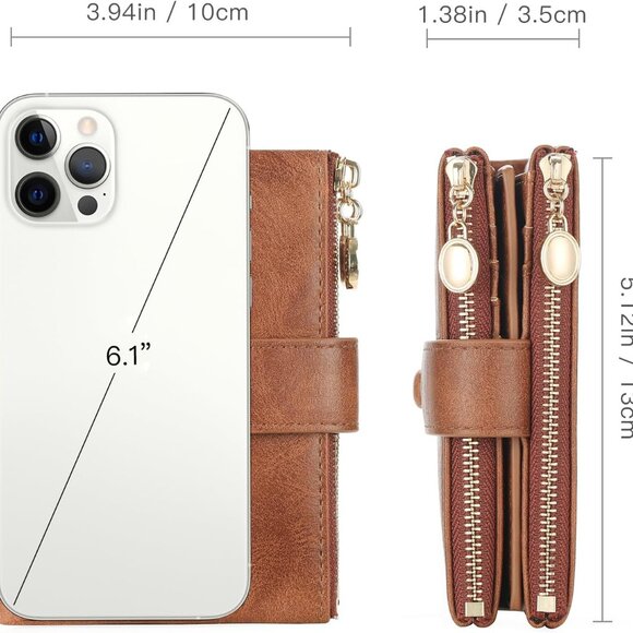 Leather RFID Blocking Wallet Female Bifold with Zipper Pockets and Card Slots - Picture 4 of 7